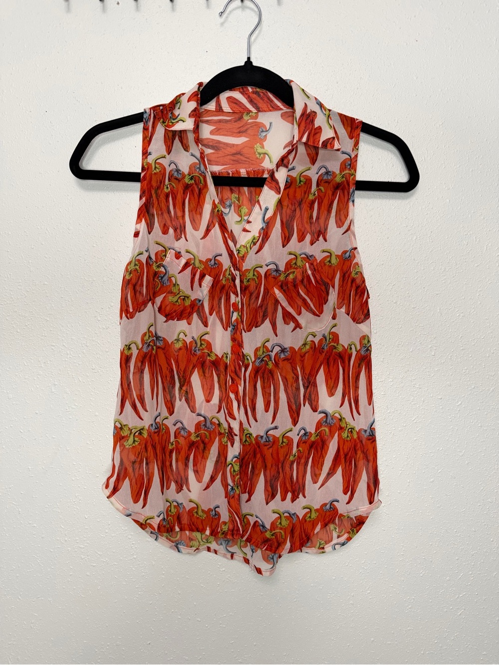 Sheer Red Chili Pepper Print Sleeveless Button-Front Camisole